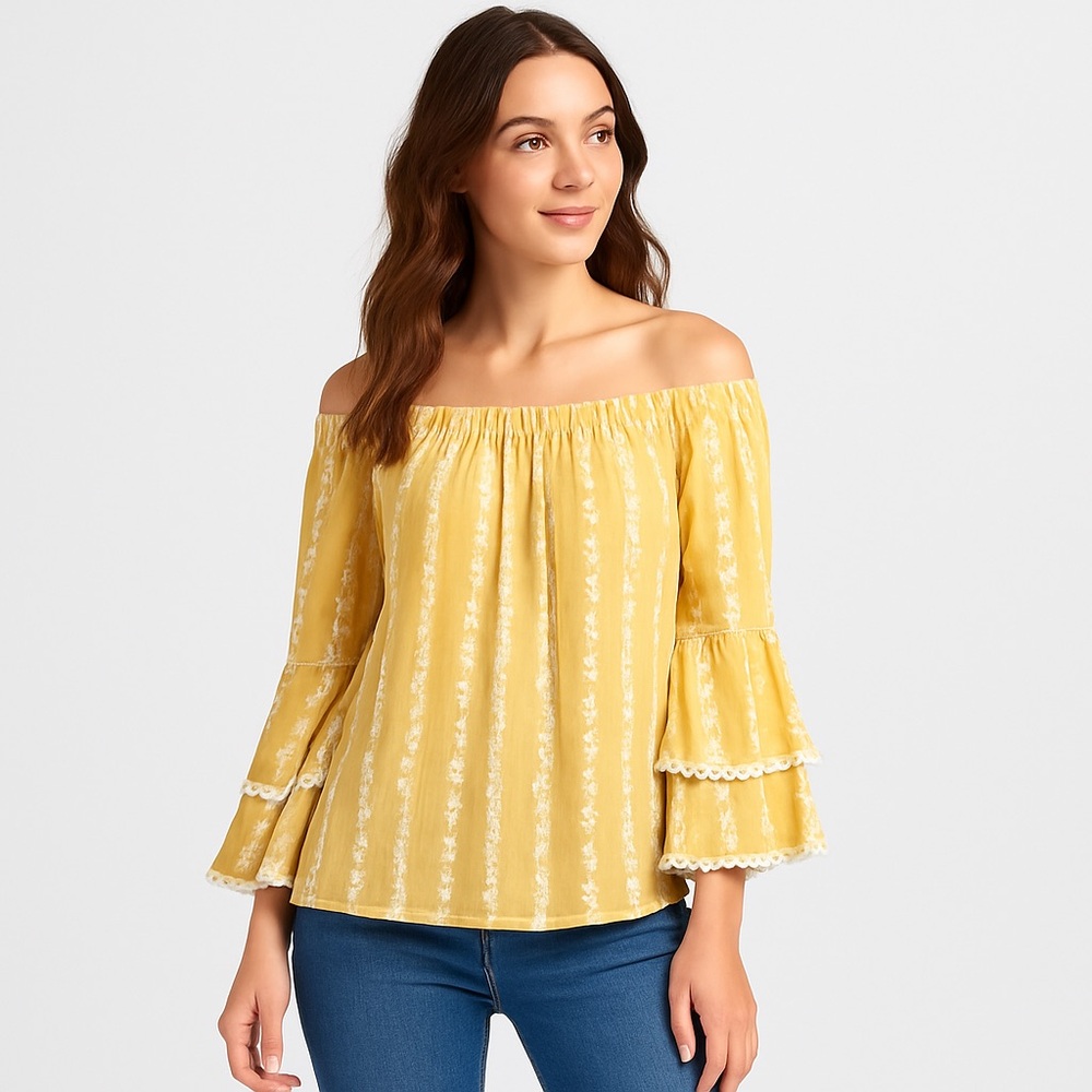 Yellow Embroidered Off-The-Shoulder Boho Peasant Top – Women’s Small